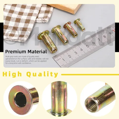 Vista 4 de Tuerca de remache M4 multi-agarre M4 chapada en zinc con vástago de cabeza plana roscado Tuerca de remache con acabado de zinc dorado
