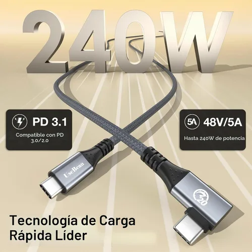 Vista 2 de Cable USB C de ángulo recto de 1 pie, 12 pulgadas 240 W corto USBC a USBC Gris