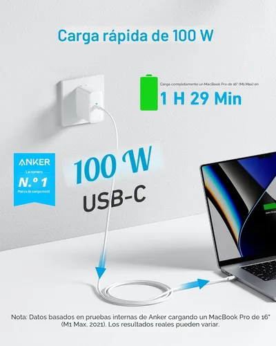 Vista 2 de Anker Cargador para portátil, cargador USB C plegable compacto de 100 W con cable de 5 pies