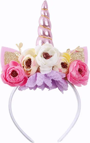 Vista 11 de Nishine Diadema de cuerno de unicornio con purpurina para niñas, diadema de camelia pony, banda para el pelo de flores, tiara para fiesta, regalo