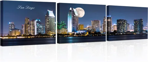 Vista 68 de TUMOVO 3 piezas de arte de pared en lienzo con diseño de horizonte de Atlanta, arte de pared panorámico de paisaje urbano en blanco y negro
