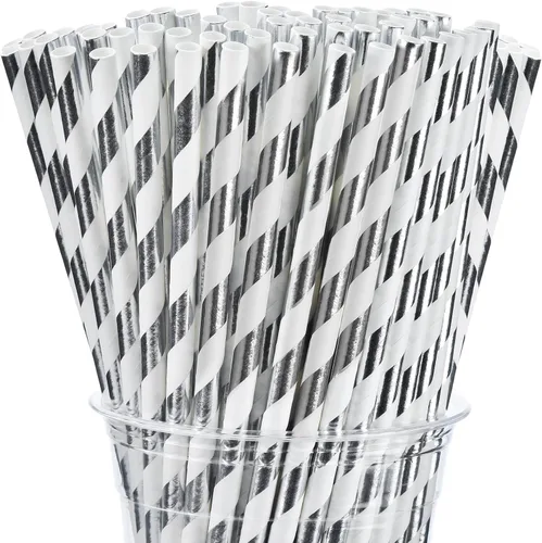 Vista 18 de ALINK - 100 pajitas de papel rayadas en blanco y negro, pajitas desechables biodegradables para Halloween, Navidad, cumpleaños, Año Nuevo