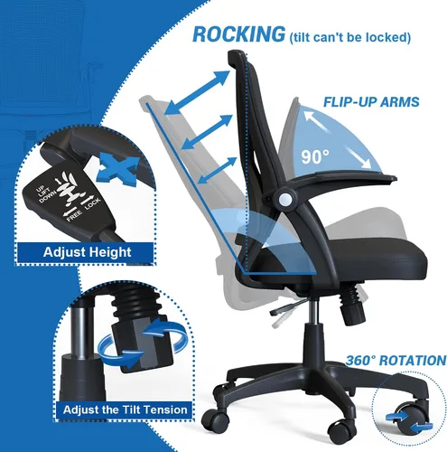 Vista 4 de Silla de escritorio ergonómica de malla giratoria para computadora con reposabrazos abatibles y soporte lumbar