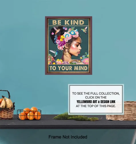 Vista 7 de Arte de pared de mujeres afroamericanas negras – Chica negra – Be Kind to Your Mind - Citas inspiradoras - Colibríes Salud mental Póster de arte