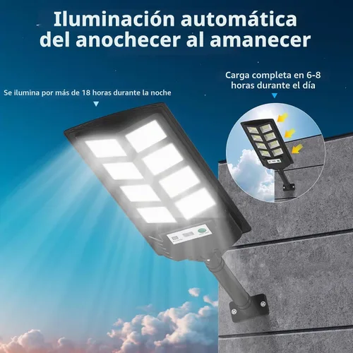 Vista 2 de K4 - Luces solares de 200 W para exteriores, impermeables, 6500 K, luces de calle solares para exteriores, 12000 lúmenes, gran angular con sensor