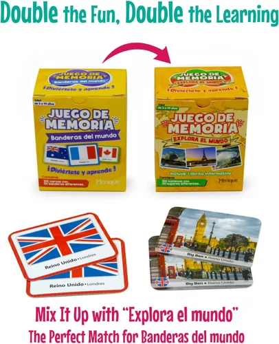 Vista 5 de Menique Paquete de juego de memoria español – Banderas del Mundo + Explora el Mundo – 200 cartas, 100 pares – Banderas, capitales y lugares icónicos