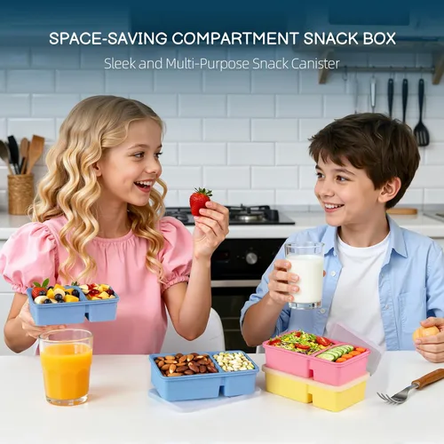 Vista 4 de Paquete de 3 recipientes de silicona con tapas, 12 onzas de doble compartimento reutilizable, caja Bento para niños, cajas de almacenamiento