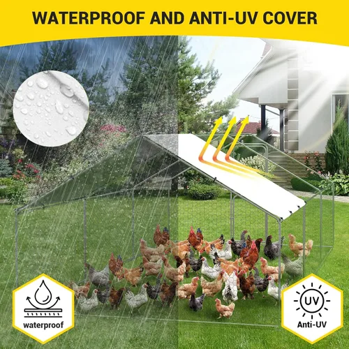 Vista 4 de Gallinero de metal grande para cubierta de techo impermeable y anti-UV, jaula para exteriores, gallinero para patio, granja, 9.8 x 19.7 x 6.6 pies