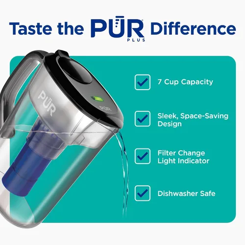 Vista 2 de PUR Plus jarra de filtro de agua de 7 tazas, limpiador, agua de gran sabor, apta para lavavajillas, potente, filtración que reduce el plomo, diseño