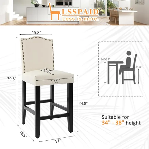 Vista 3 de LSSPAID Juego de 2 taburetes de bar, de 28.5 pulgadas, modernos tapizados de tela, taburetes de bar con respaldo de cabeza de clavo y patas de Beige