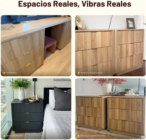 Vista 3 de mopio Brooklyn – Cómoda de 3 cajones para dormitorio, cómoda organizadora de madera, estilo granja moderna, mesita de noche alta, seguridad Nogal