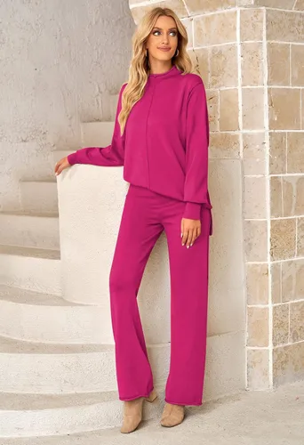 Vista 7 de Linsery Conjunto de suéter de 2 piezas para mujer, cuello alto, suéter de punto de pierna ancha, sudadera casual