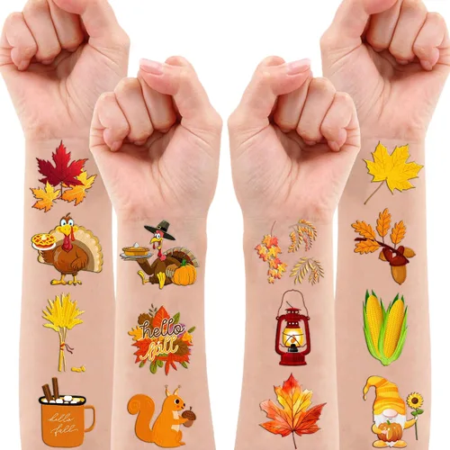 Vista 6 de 96 piezas de tatuajes temporales precortados para otoño y otoño, decoración de fiesta de cumpleaños, suministros de decoración de Acción de Gracias