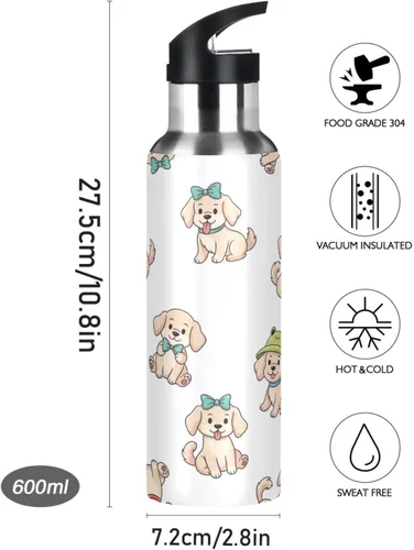 Vista 9 de Cute Cartoon Dogs White Insulated Stainless Steel Water Bottle with Straw 20 Oz Leakproof Water Bottles, BPA-Free Sports Water Bottle with Straw
