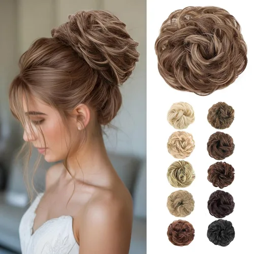 Vista 33 de MORICA Moño desordenado, extensiones de moño sintético para mujeres (rubio beige ceniza)