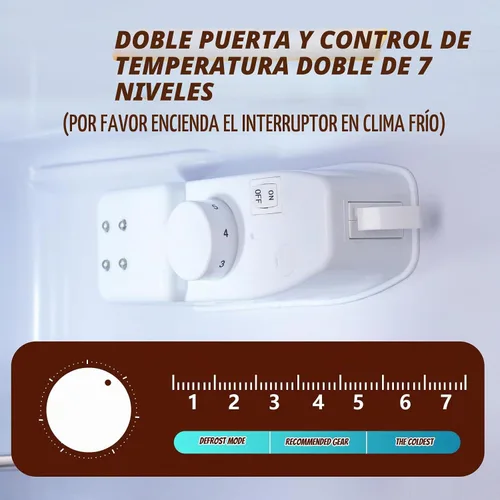Vista 4 de Mini nevera con freezer, refrigerador pequeño de doble puerta con estantes de vidrio extraíbles, 7 ajustes de temperatura, mango desmontable