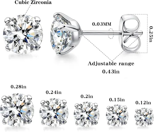 Vista 5 de 18K White GoldGold Plated Round Cut Cubic Zirconia Stud Earrings Sets for Women and Men 5 Pairs 3-7mm