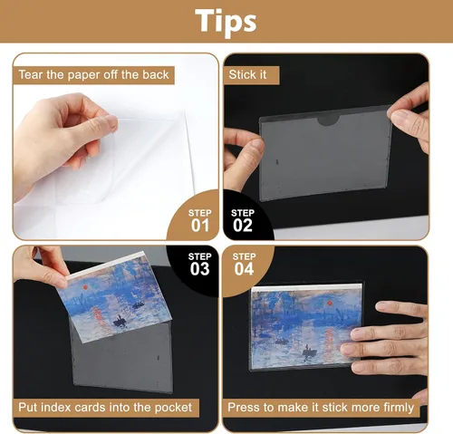 Vista 4 de 100 bolsillos adhesivos transparentes, bolsillos adhesivos de plástico, bolsillos autoadhesivos para tarjetas de índice con apertura superior