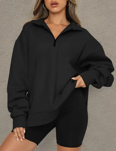 Vista 4 de YLDUJ AMUM Sudadera para mujer con media cremallera de 1/4, sudadera de gran tamaño con hombros caídos