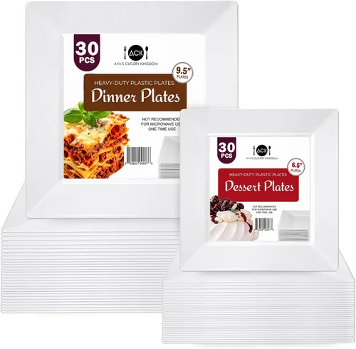 Vista 9 de Aya’s 60 Pack de Platos de Plástico para Fiesta - Juego de Platos Desechables Resistente con 30 Platos de Cena y 30 Platos de Ensalada - Platos