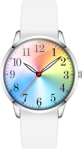 Vista 7 de Letoff Reloj analógico clásico, esfera arcoíris con números arábigos, banda de silicona, resistente al agua hasta 98.4 ft