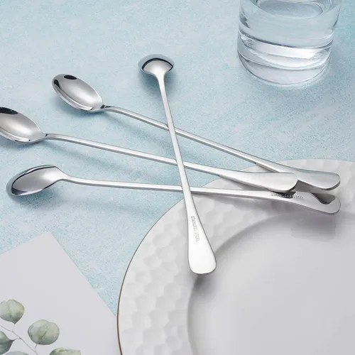 Vista 2 de Paquete de 8 cucharas de cóctel de mango largo de 9 pulgadas, cucharas de té helado de acero inoxidable para café y helado, cucharas para mezclar
