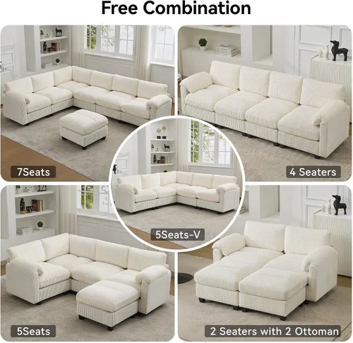 Vista 7 de Sofá modular de 61 pulgadas con otomana, asiento extra profundo para sala de estar, sofá de asiento profundo de pana con almohadas para Beige