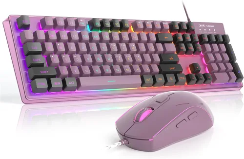 Vista 14 de Combo de teclado y mouse para juegos, teclado con retroiluminación LED RGB K1 con cable con 104 teclas para computadora, PC, teclado