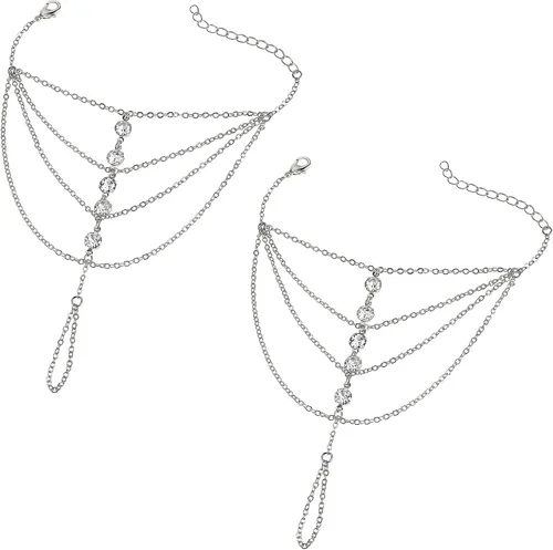 Vista 21 de Suyi Pulsera de anillo de dedo, arnés de mano, pulsera de cadena de diamantes de imitación, regalos para mujeres 2 piezas oro