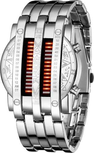 Vista 7 de Reloj de pulsera digital para hombre MASTOP, estilo matriz binaria, LED azul, clásico, creativo, de moda, enchapado en negro