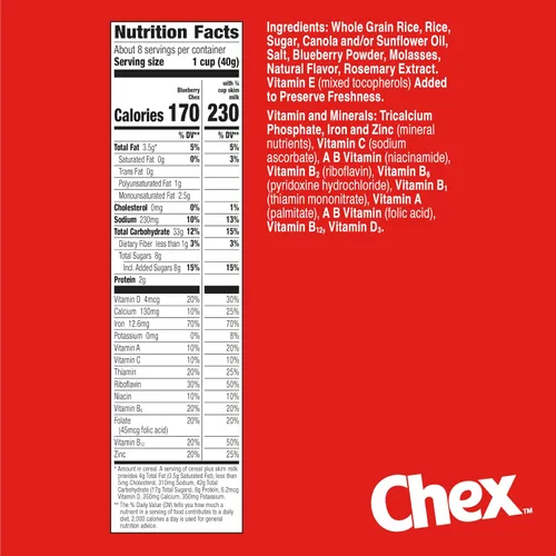 Vista 2 de Cereal de Arándanos Chex, Cereal para el desayuno sin gluten, hecho con grano integral, 12 onzas