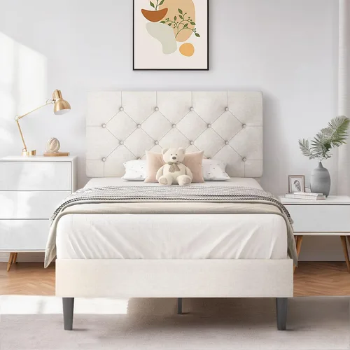 Vista 18 de HOMBCK Base de cama de tamaño individual con cabecera, base de cama tapizada con plataforma de lino para niños, base de cama de tamaño individual