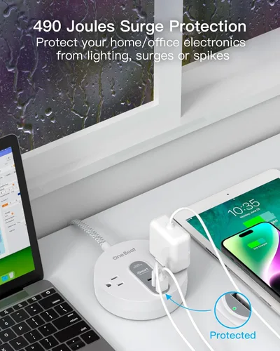 Vista 6 de Regleta protectora contra sobretensiones con 2 USB C, cable de extensión de enchufe ultra plano con 2 salidas de CA ampliamente y 3 USB, pequeña