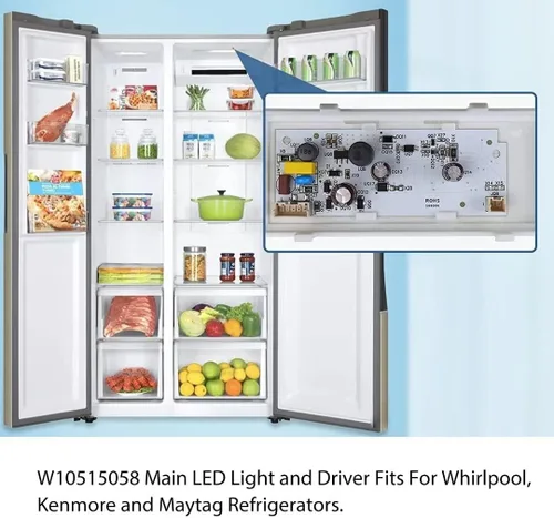 Vista 2 de 1 controlador LED W10515058 + 2 luces LED W10515057 de repuesto para refrigerador Maytag MSF25D4MDM01