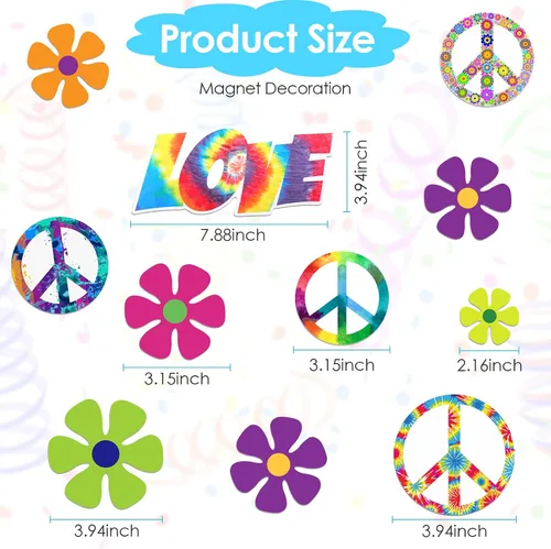 Vista 3 de 16 piezas de flores hippie para automóvil, decoración de fiesta temática de los años 60, calcomanías magnéticas divertidas para nevera, flores, paz