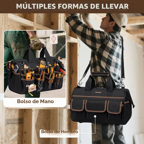 Vista 6 de Bolsas de herramientas resistentes de 16.5 pulgadas para hombres, bolsa de herramientas grande de 34 bolsillos con correa de hombro ajustable