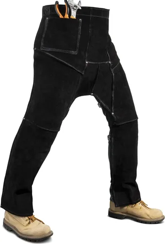 Vista 4 de Pantalones de soldadura de cuero, resistentes al calor y al fuego, protección de piernas de cuero dividido para hombres y mujeres, ajustables de M a
