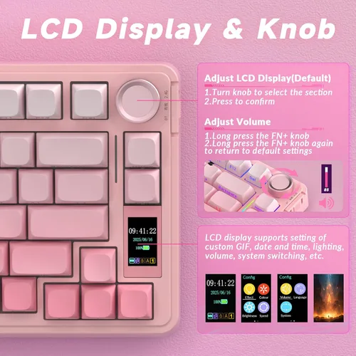 Vista 3 de AULA Teclado mecánico inalámbrico S75 PRO con pantalla y perilla, teclado para juegos intercambiable en caliente de tres modos 75%, interruptores