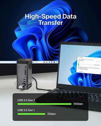 Vista 4 de Belkin Hub USB-C 11 en 1 Pro GaN 150W Triple 4K HDMI Windows, portátiles estación de acoplamiento, USB-A, Ethernet, SD, MicroSD, audio de 0.1 in