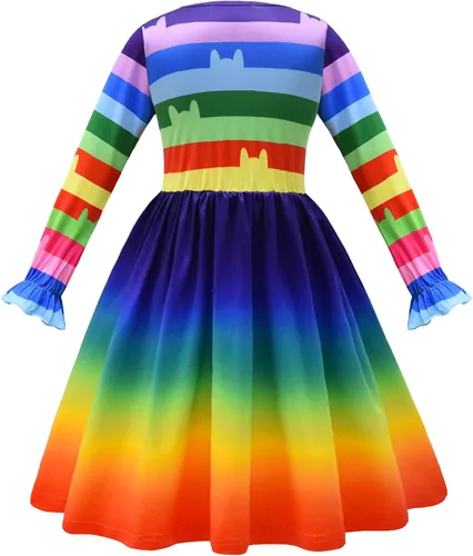 Vista 3 de SHELOVESIT Vestido de arcoíris para cumpleaños de niñas, vestido de juego de casa de muñecas, disfraz de gato arcoíris con diadema