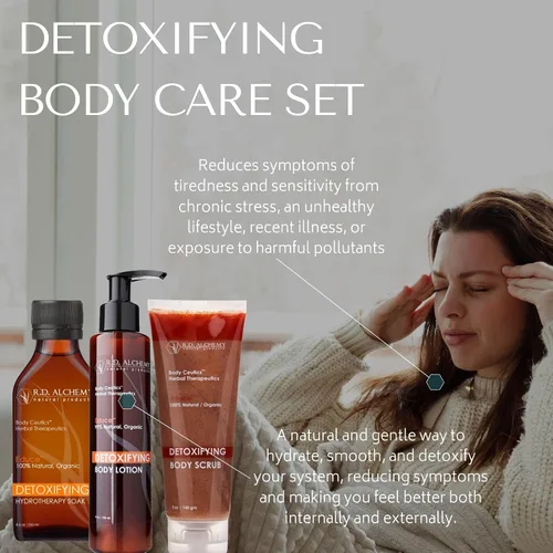 Vista 3 de RD Alchemy - Set de tratamiento desintoxicante natural y orgánico de 3 pasos - Exfoliante corporal, baño y loción corporal - Para desintoxicación