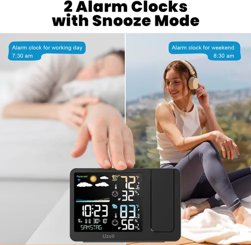 Vista 4 de uzoli Reloj Despertador de Proyección Estación Meteorológica, Reloj Proyector Atómico WWVB con Sensor, Retroiluminación Ajustable, Temperatura