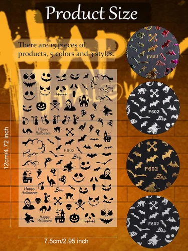 Vista 2 de 15 hojas de calcomanías de arte de uñas de Halloween, calcomanías de EBANKU 3D autoadhesivas con láser de calabaza, bruja y esqueleto, calcomanías