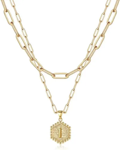 Vista 29 de M MOOHAM - Delicado collar de oro para mujer, de 14 quilates, en capas, lindos collares con letra hexagonal con inicial para mujer, regalos