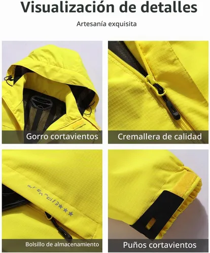 Vista 4 de Chaqueta impermeable para hombre, rompevientos, ligera, con capucha desmontable Amarillo claro