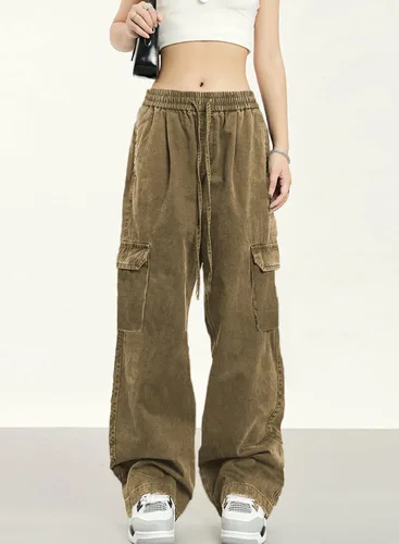 Vista 5 de Dokotoo Pantalones cargo de cintura alta y pierna ancha para mujer, con 6 bolsillos, holgados, informales, de combate, militares
