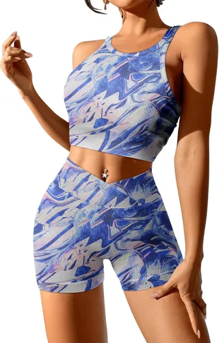 Vista 2 de JZC Conjuntos de entrenamiento para mujer, 2 piezas, acanalados, sin costuras, pantalones cortos de cintura alta, trajes de yoga