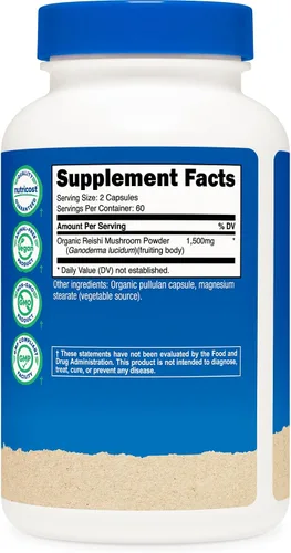 Vista 5 de Nutricost Cápsulas de hongos Reishi de 1500 mg, 60 porciones – Certificado CCOF fabricado con hongo Reishi orgánico, vegetariano, sin gluten, 750 mg