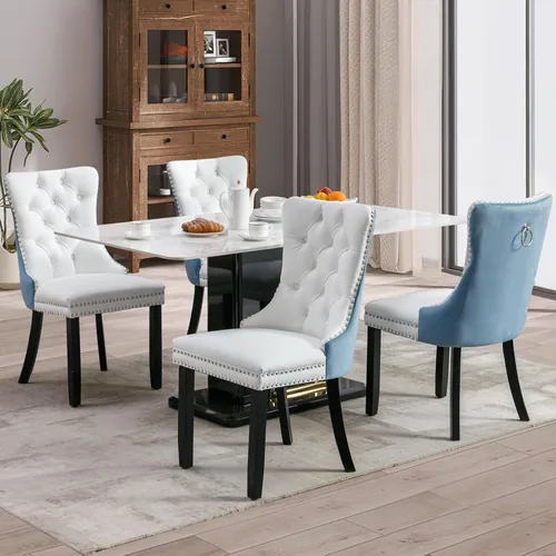 Vista 133 de SoarFlash Juego de 2 sillas de comedor de terciopelo, silla lateral de respaldo alto, silla lateral moderna tapizada de alta gama con botones Beige