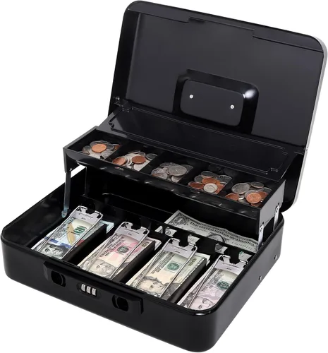 Vista 9 de Jssmst - Caja de efectivo de metal grande con bandeja de dinero,Caja de bloqueo
